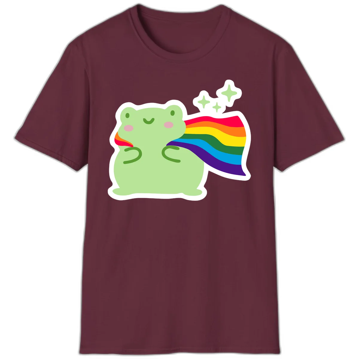Cute green frog character holding a rainbow pride flag with sparkle stars, celebrating pride and inclusivity in Maroon