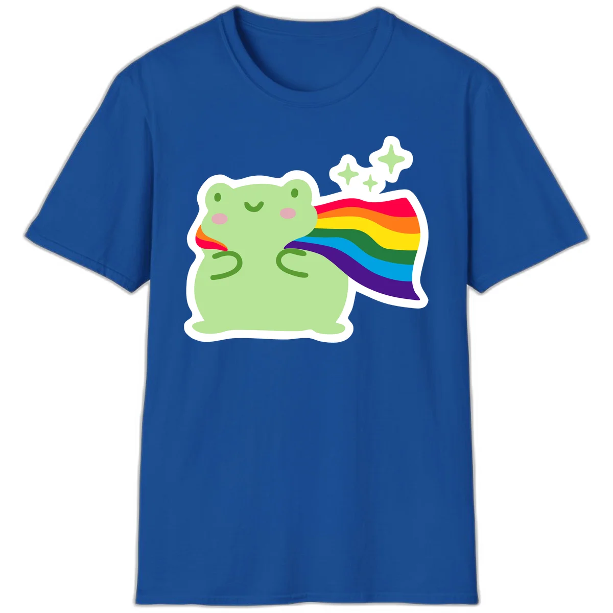 Cute green frog character holding a rainbow pride flag with sparkle stars, celebrating pride and inclusivity in Royal