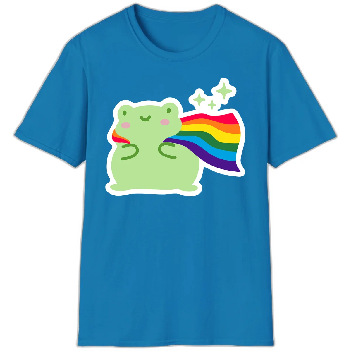 Cute green frog character holding a rainbow pride flag with sparkle stars, celebrating pride and inclusivity in Sapphire