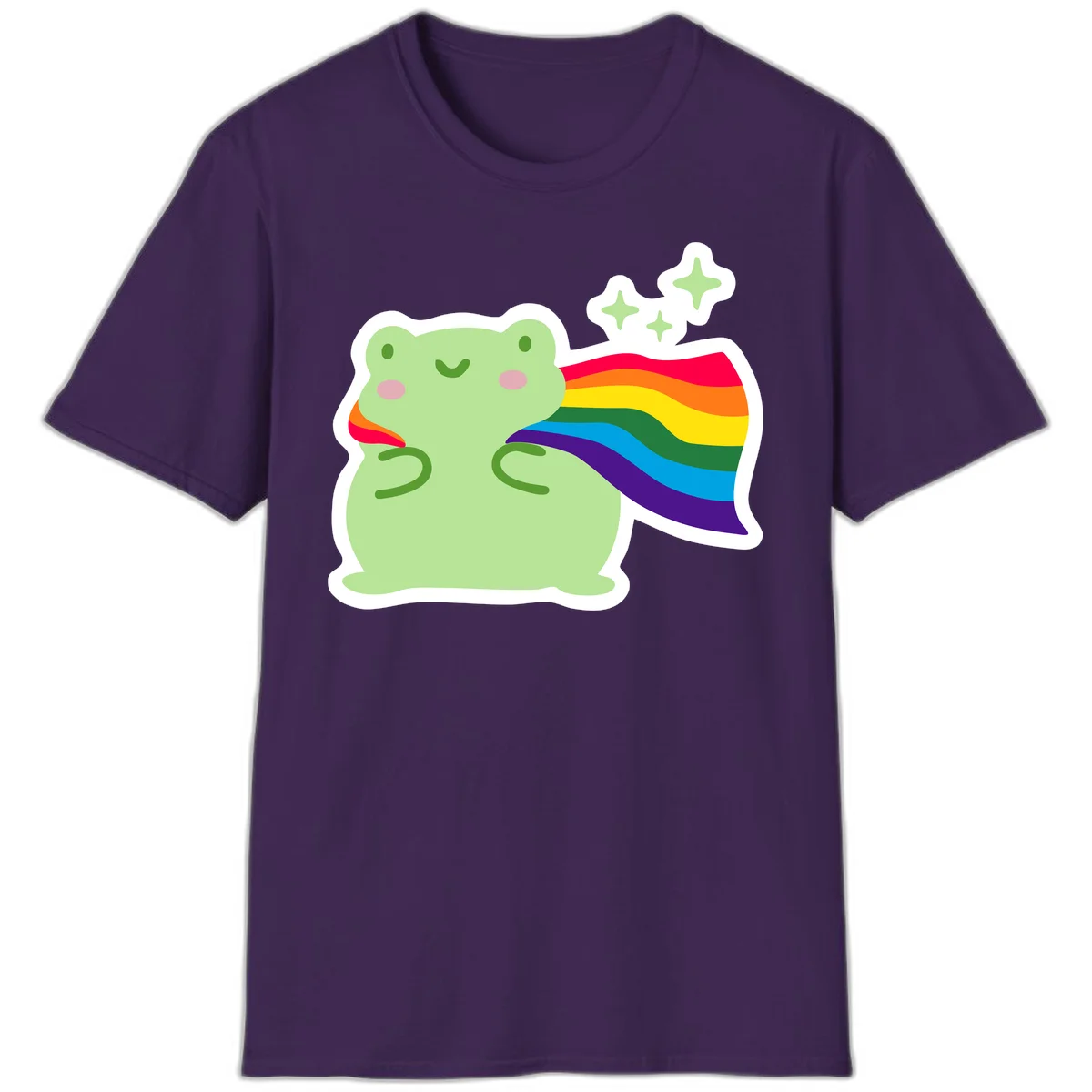 Cute green frog character holding a rainbow pride flag with sparkle stars, celebrating pride and inclusivity in Purple