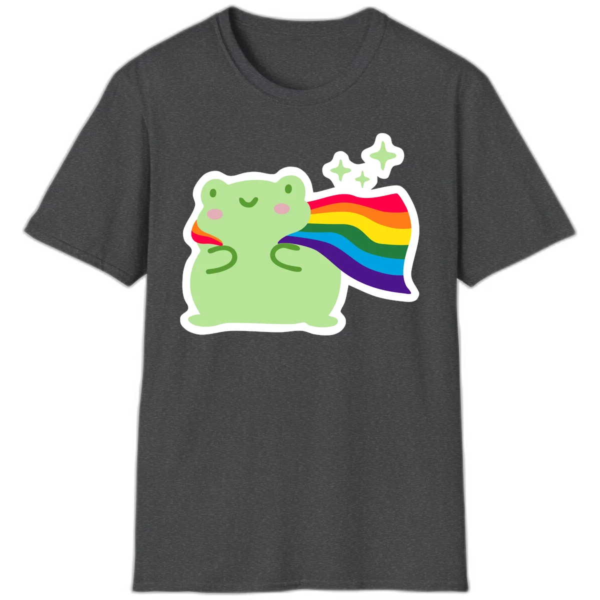 Cute green frog character holding a rainbow pride flag with sparkle stars, celebrating pride and inclusivity in Dark Heather
