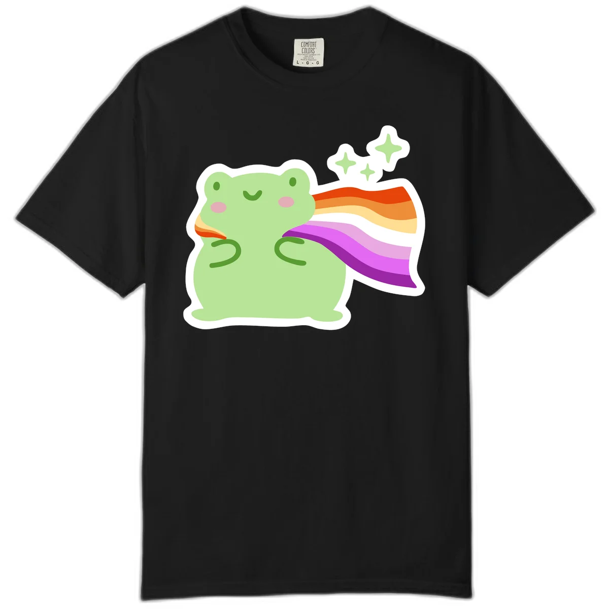 Cute green frog with pink cheeks wearing a rainbow pride cape, surrounded by sparkle stars in Black