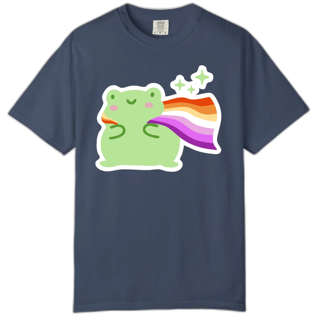Cute green frog with pink cheeks wearing a rainbow pride cape, surrounded by sparkle stars in Midnight
