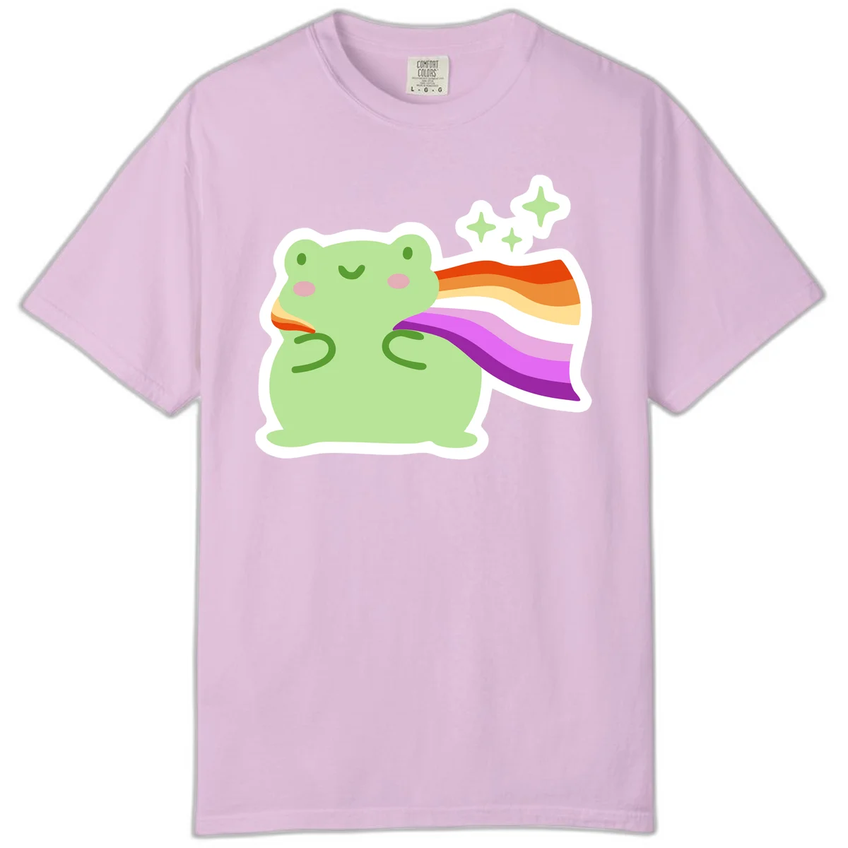 Cute green frog with pink cheeks wearing a rainbow pride cape, surrounded by sparkle stars in Orchid