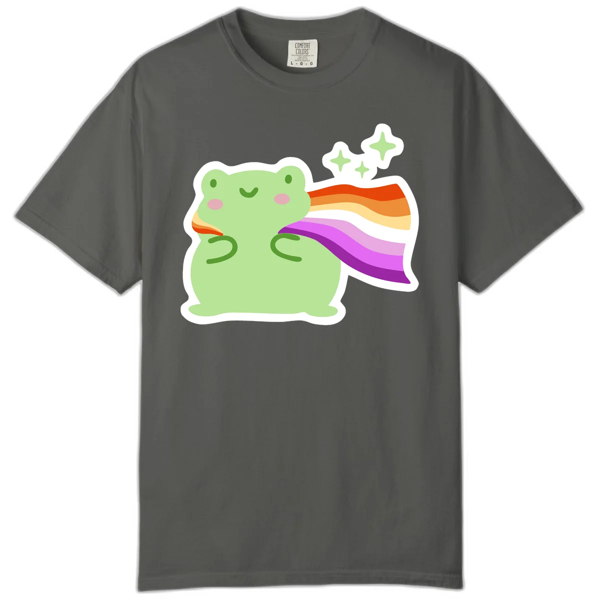 Cute green frog with pink cheeks wearing a rainbow pride cape, surrounded by sparkle stars in Pepper