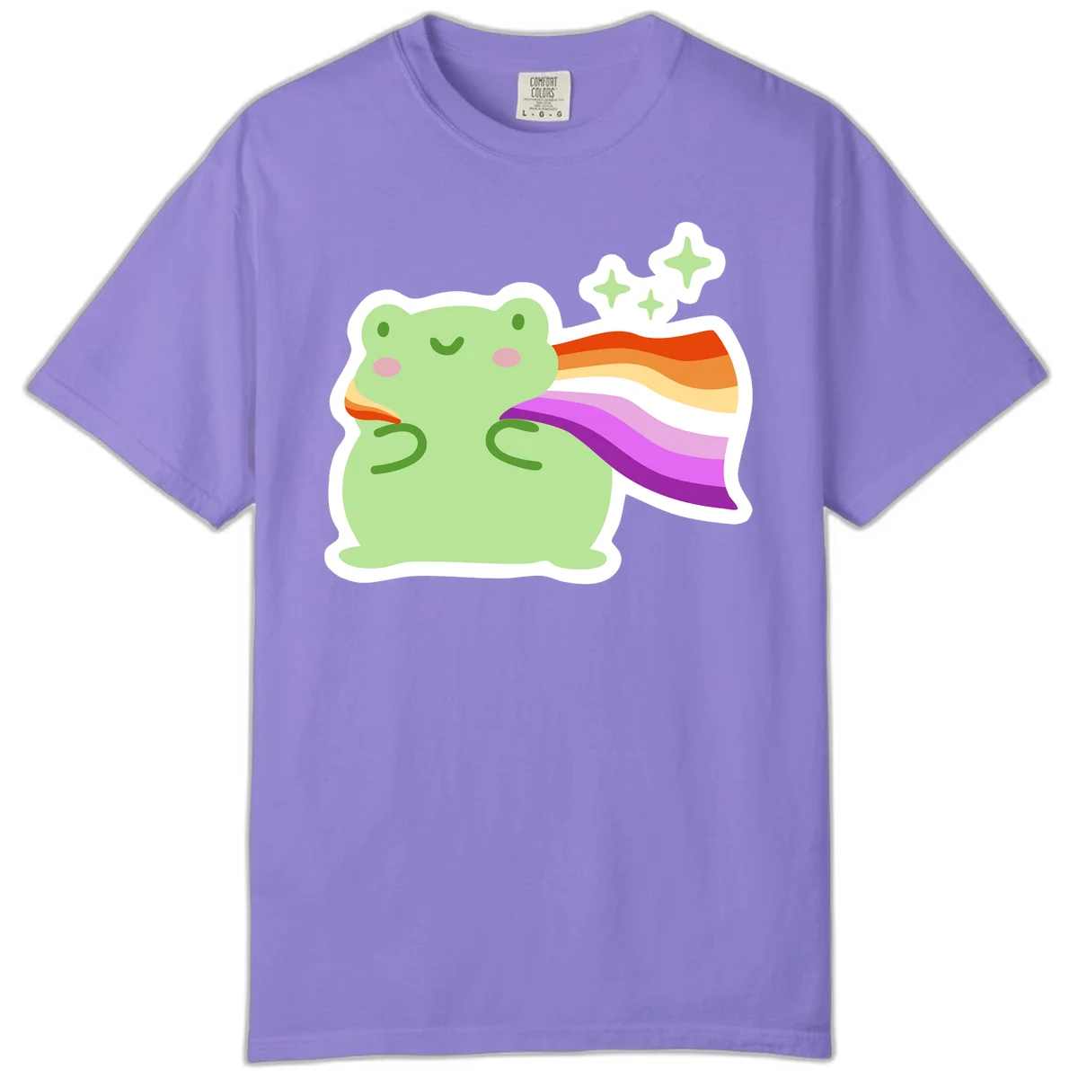 Cute green frog with pink cheeks wearing a rainbow pride cape, surrounded by sparkle stars in Violet