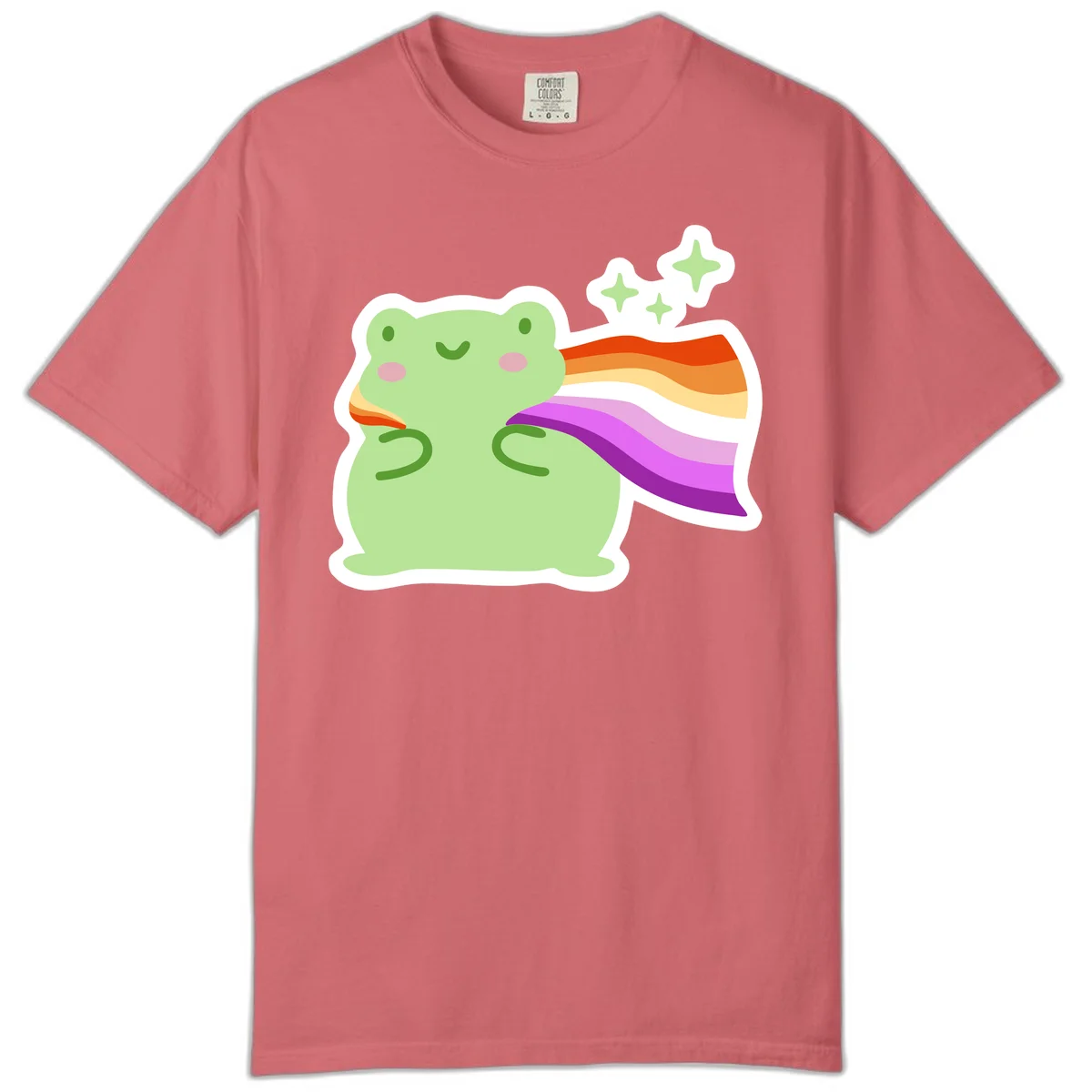 Cute green frog with pink cheeks wearing a rainbow pride cape, surrounded by sparkle stars in Watermelon