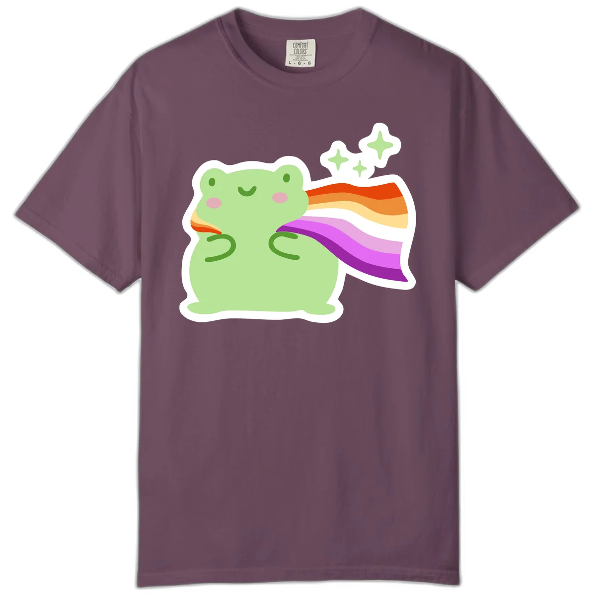 Cute green frog with pink cheeks wearing a rainbow pride cape, surrounded by sparkle stars in Berry