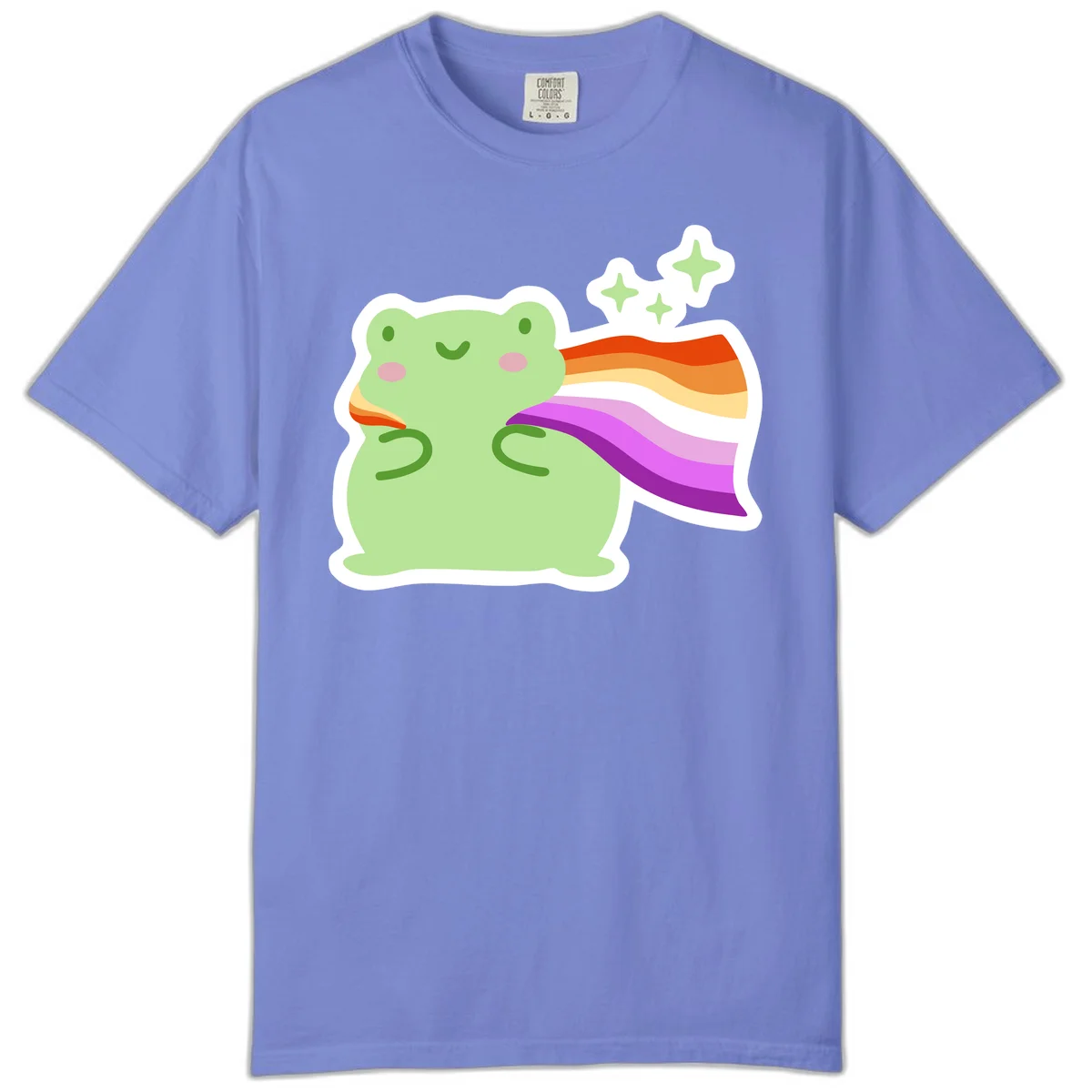 Cute green frog with pink cheeks wearing a rainbow pride cape, surrounded by sparkle stars in Flo Blue