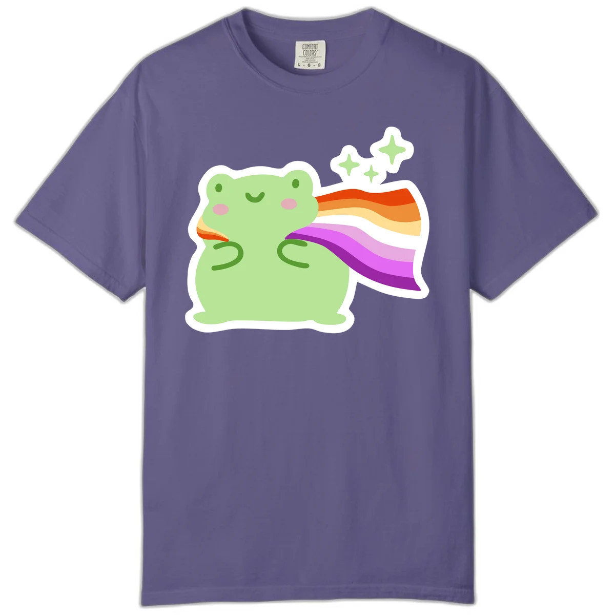 Cute green frog with pink cheeks wearing a rainbow pride cape, surrounded by sparkle stars in Grape