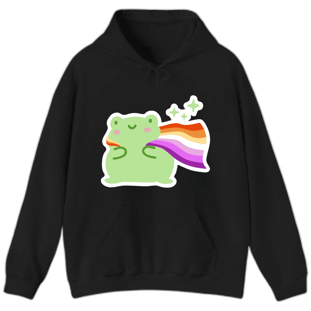 Cute green frog with pink cheeks wearing a rainbow pride cape, surrounded by sparkle stars in Black