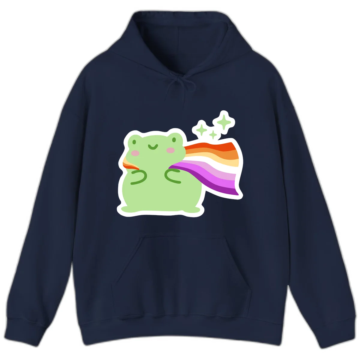Cute green frog with pink cheeks wearing a rainbow pride cape, surrounded by sparkle stars in Navy