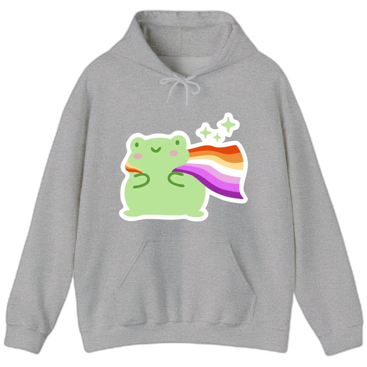 Cute green frog with pink cheeks wearing a rainbow pride cape, surrounded by sparkle stars in Sport Grey