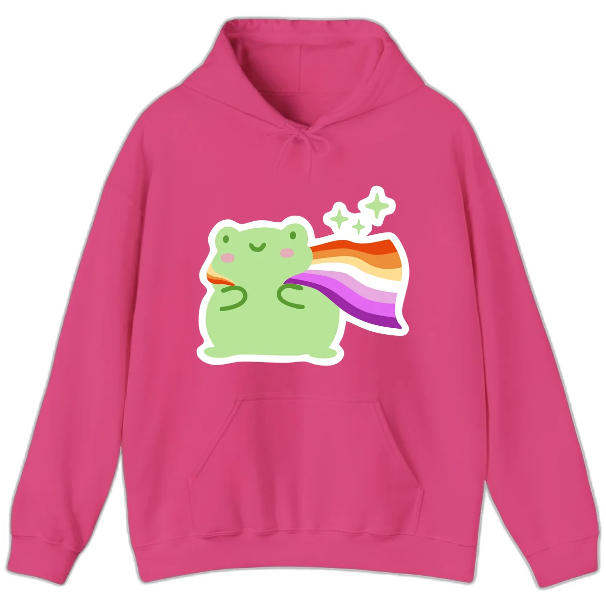 Cute green frog with pink cheeks wearing a rainbow pride cape, surrounded by sparkle stars in Heliconia
