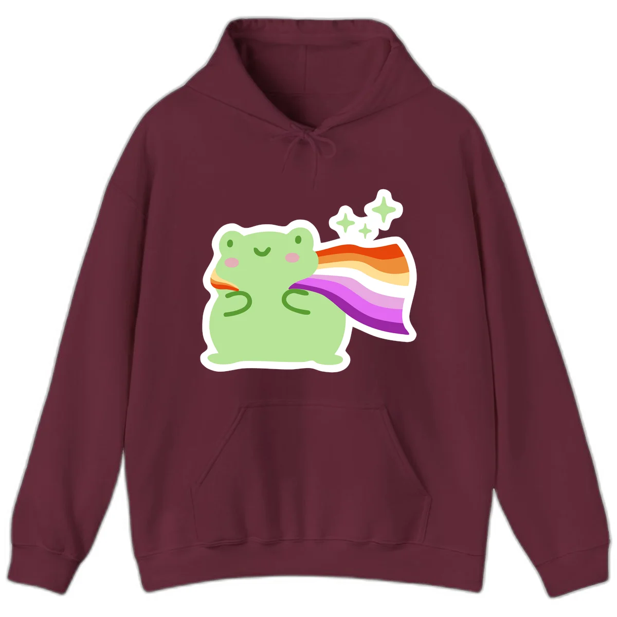 Cute green frog with pink cheeks wearing a rainbow pride cape, surrounded by sparkle stars in Maroon