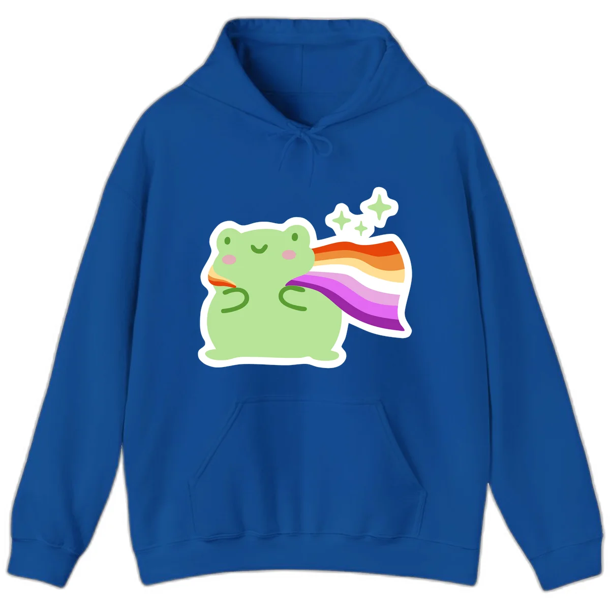 Cute green frog with pink cheeks wearing a rainbow pride cape, surrounded by sparkle stars in Royal