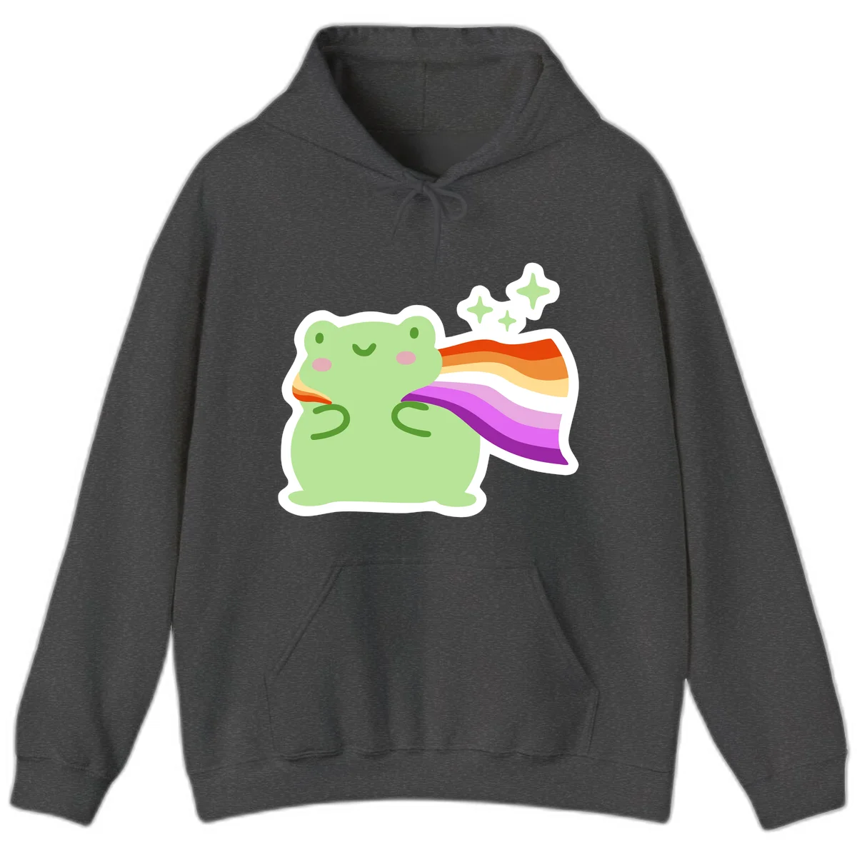 Cute green frog with pink cheeks wearing a rainbow pride cape, surrounded by sparkle stars in Dark Heather