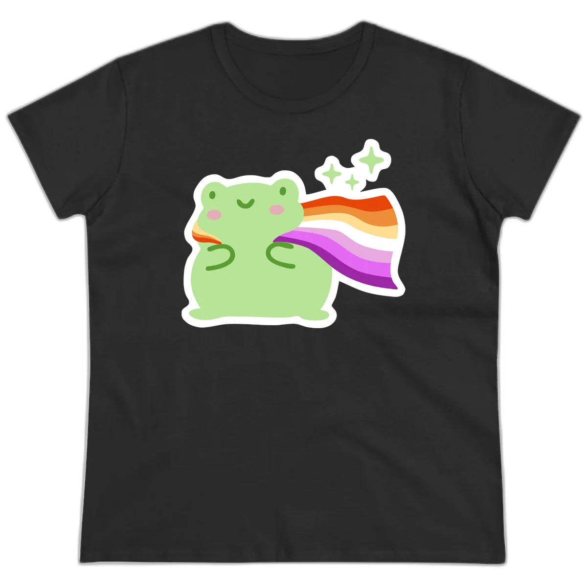 Cute green frog with pink cheeks wearing a rainbow pride cape, surrounded by sparkle stars in Black