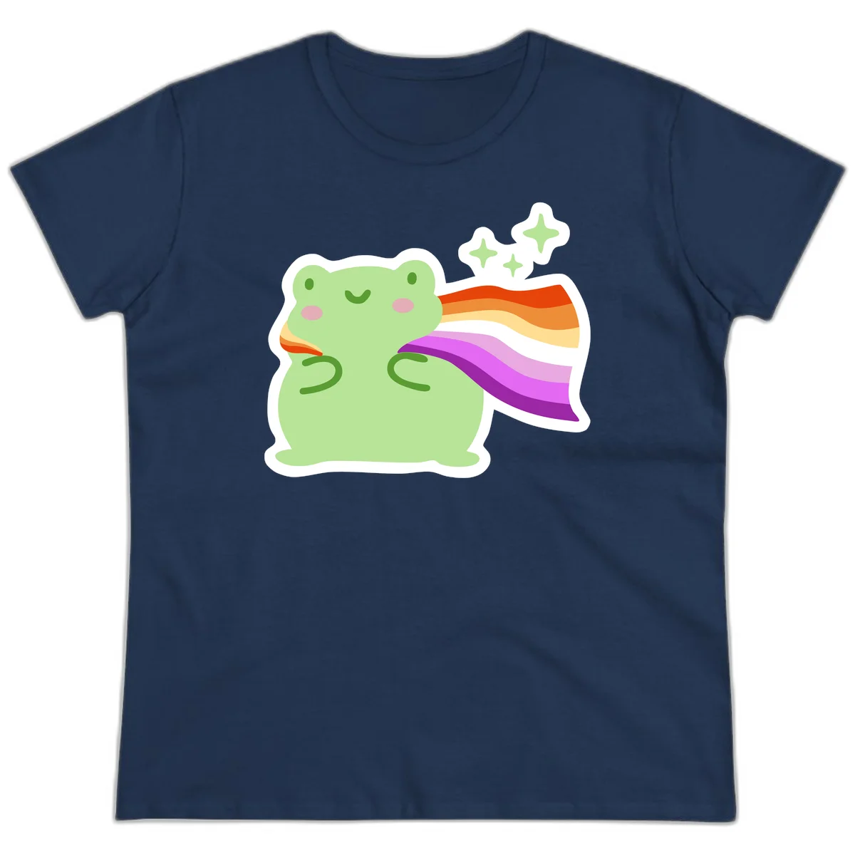 Cute green frog with pink cheeks wearing a rainbow pride cape, surrounded by sparkle stars in Navy