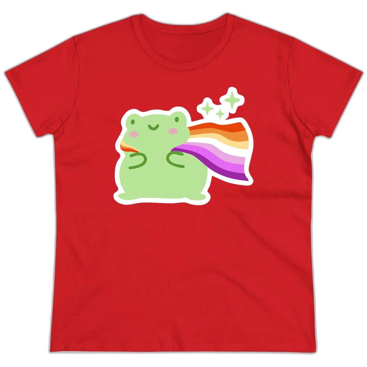 Cute green frog with pink cheeks wearing a rainbow pride cape, surrounded by sparkle stars in Red