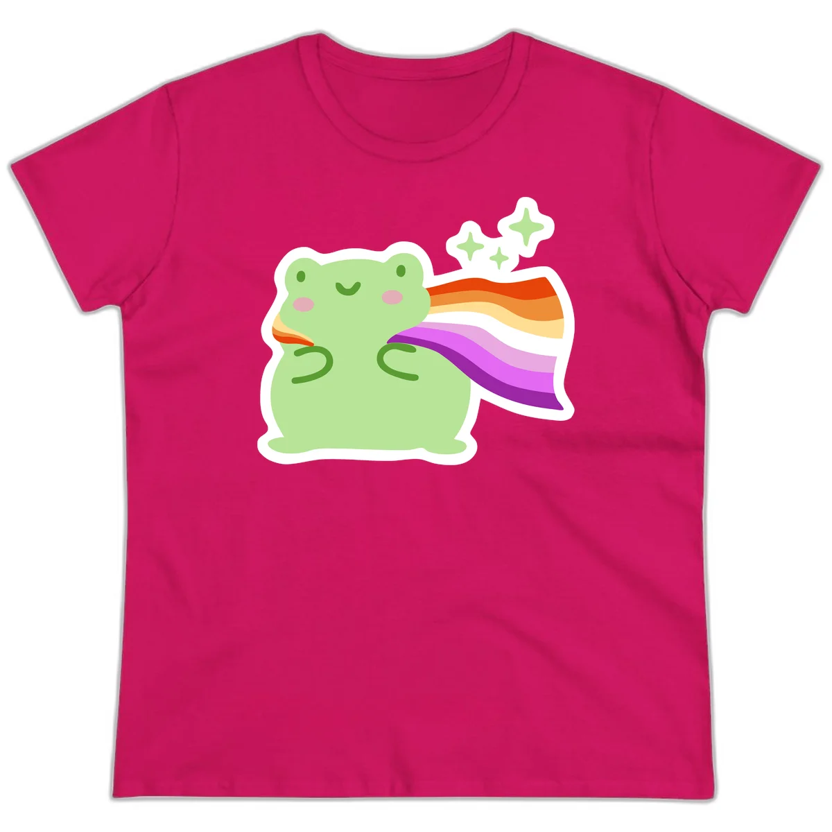 Cute green frog with pink cheeks wearing a rainbow pride cape, surrounded by sparkle stars in Heliconia