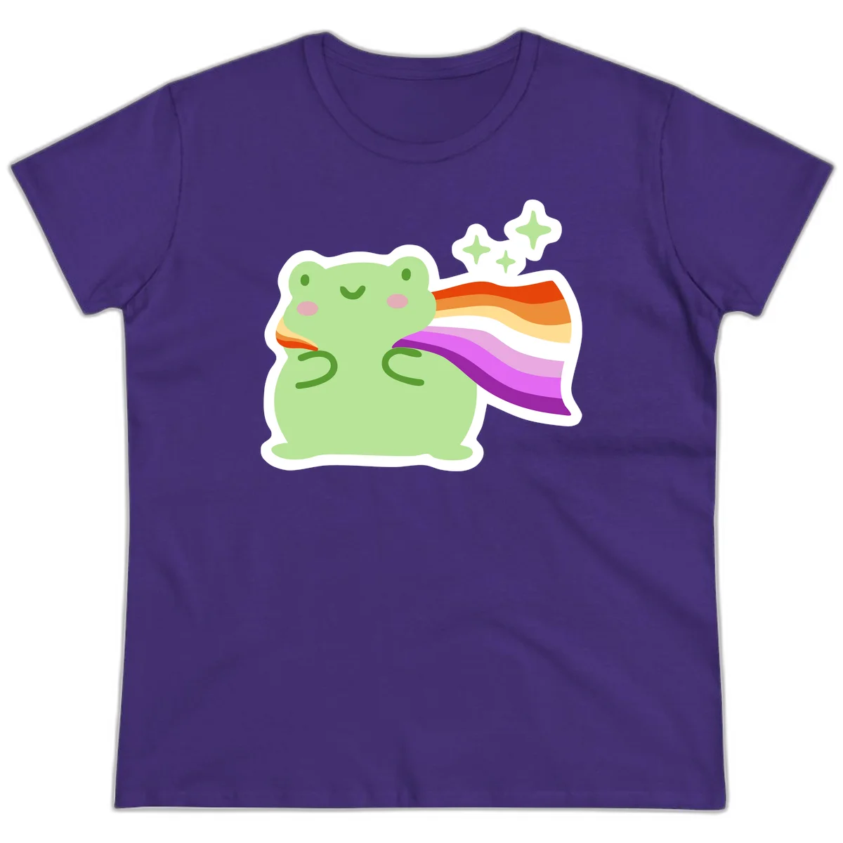 Cute green frog with pink cheeks wearing a rainbow pride cape, surrounded by sparkle stars in Purple