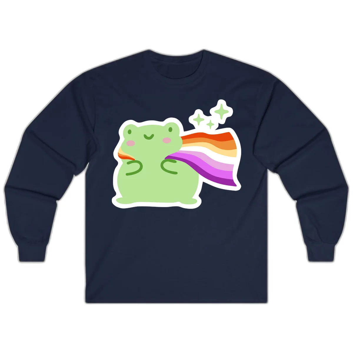 Cute green frog with pink cheeks wearing a rainbow pride cape, surrounded by sparkle stars in Navy
