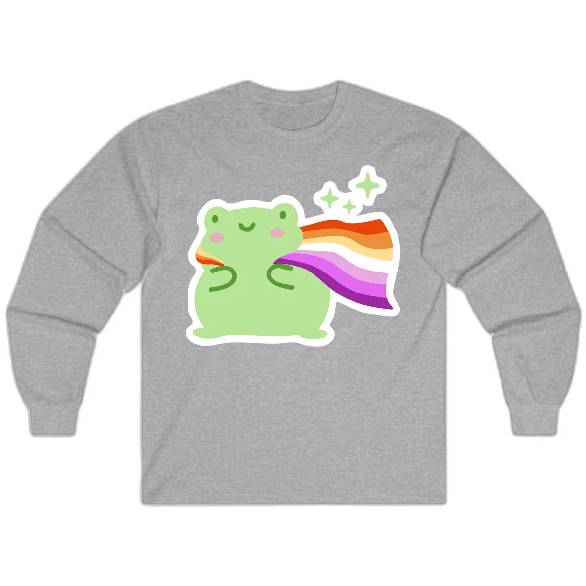 Cute green frog with pink cheeks wearing a rainbow pride cape, surrounded by sparkle stars in Sport Grey