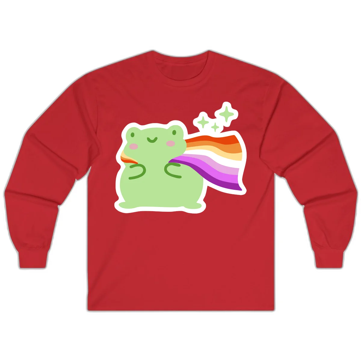 Cute green frog with pink cheeks wearing a rainbow pride cape, surrounded by sparkle stars in Red