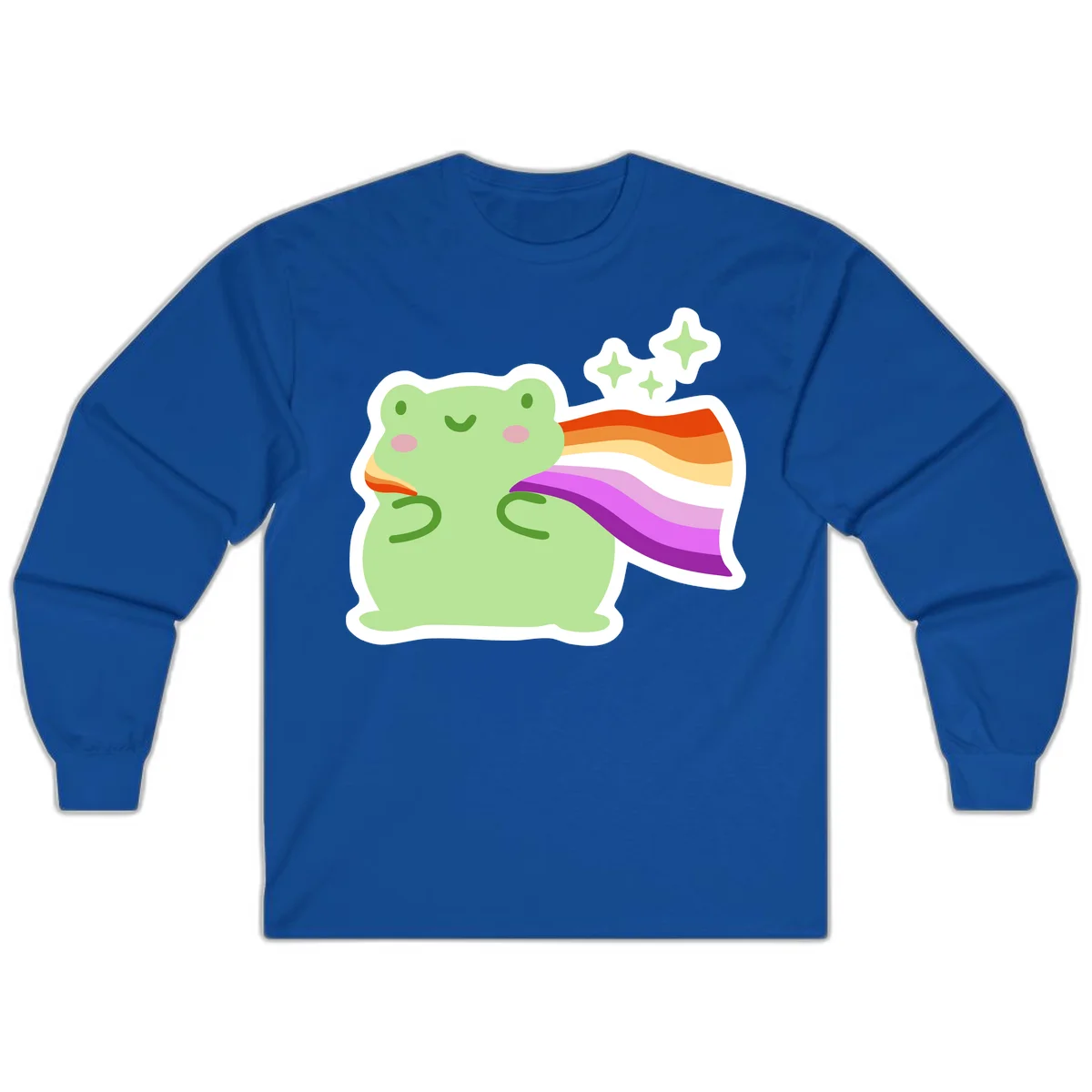 Cute green frog with pink cheeks wearing a rainbow pride cape, surrounded by sparkle stars in Royal