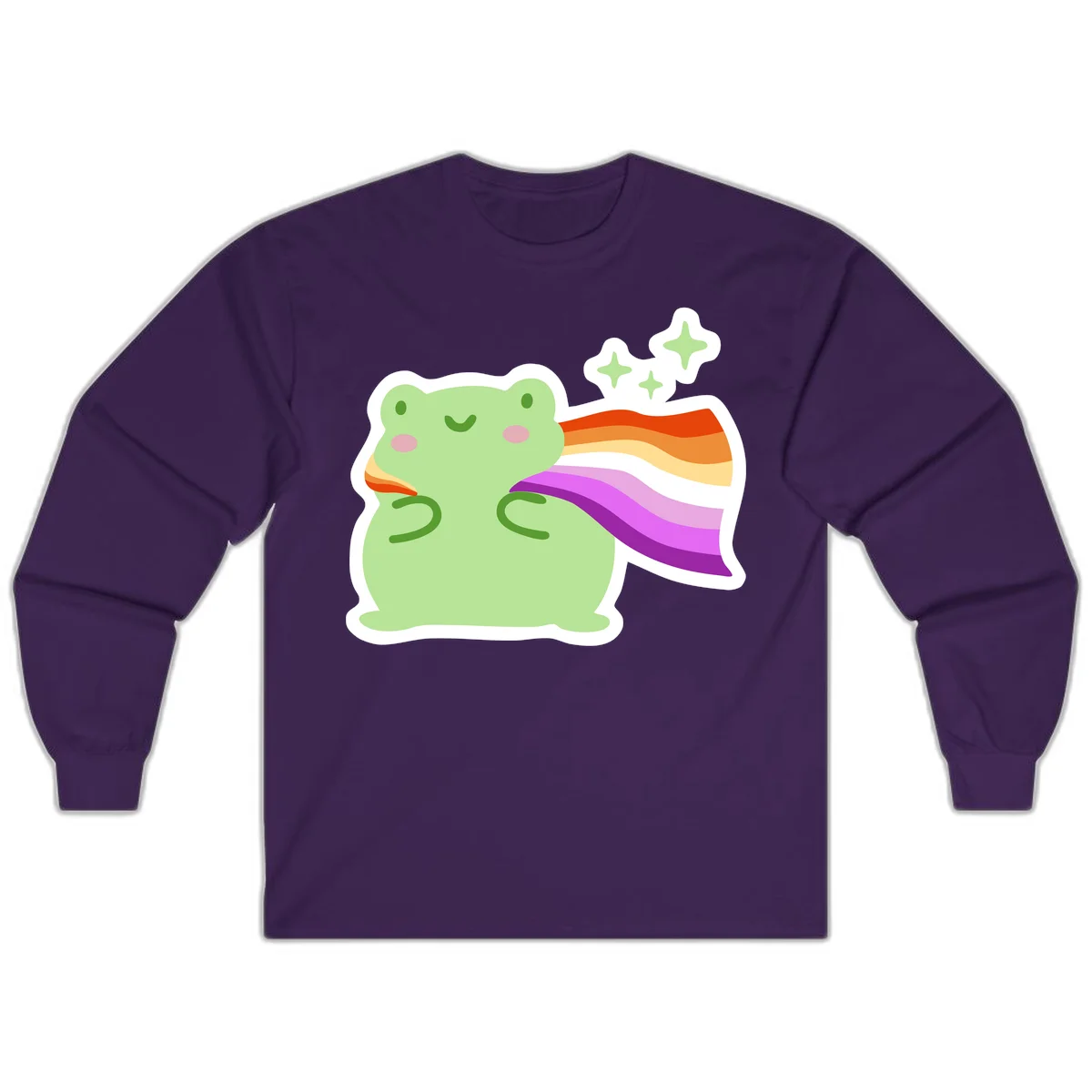 Cute green frog with pink cheeks wearing a rainbow pride cape, surrounded by sparkle stars in Purple