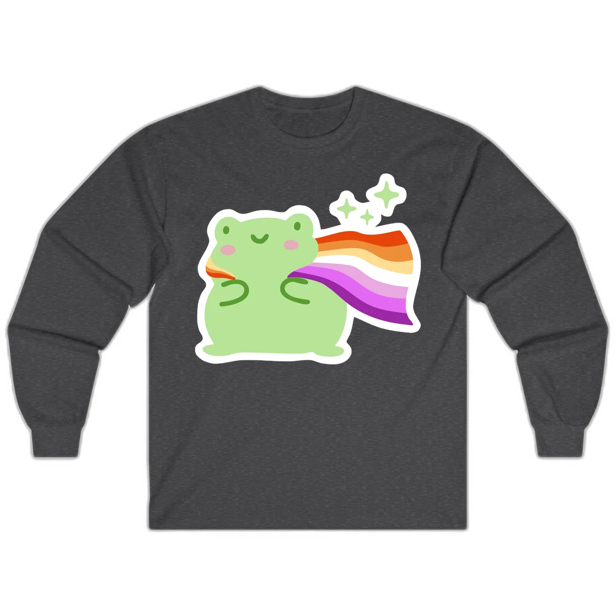 Cute green frog with pink cheeks wearing a rainbow pride cape, surrounded by sparkle stars in Dark Heather