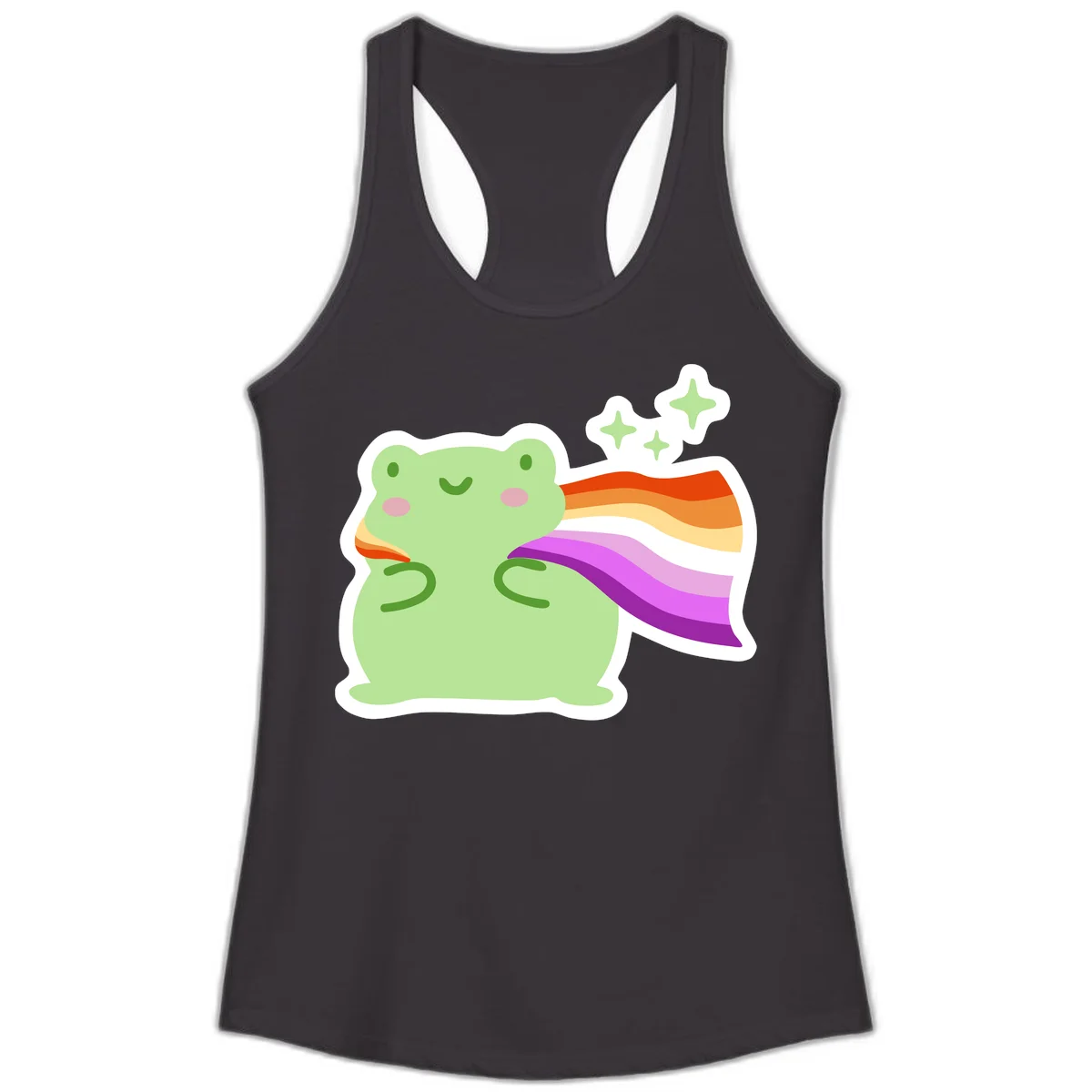 Cute green frog with pink cheeks wearing a rainbow pride cape, surrounded by sparkle stars in Black