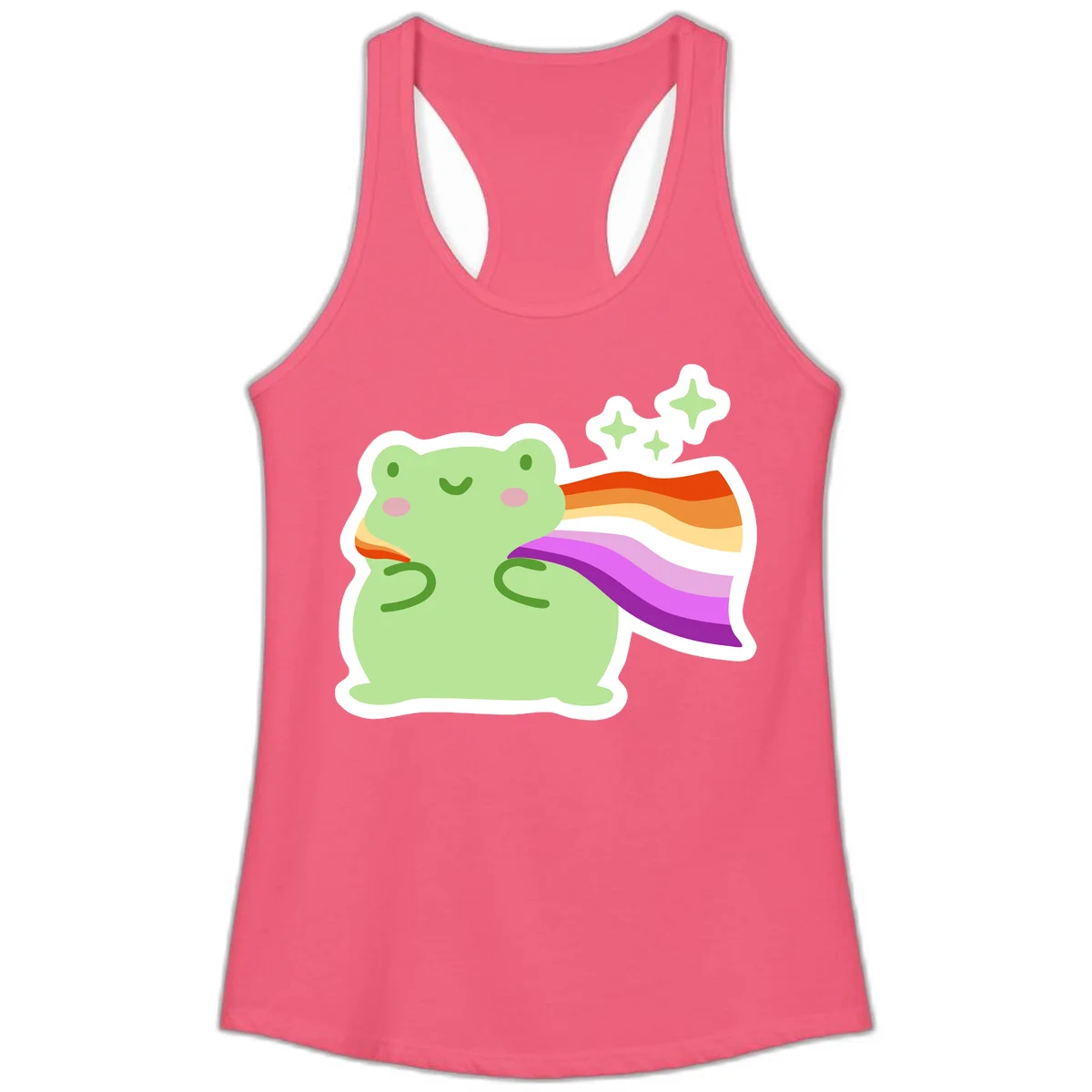 Cute green frog with pink cheeks wearing a rainbow pride cape, surrounded by sparkle stars in Hot Pink