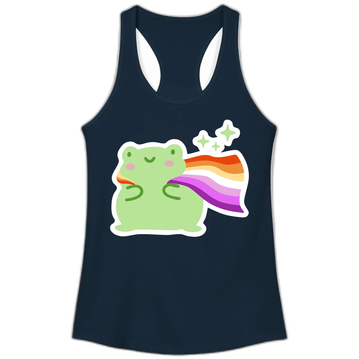 Cute green frog with pink cheeks wearing a rainbow pride cape, surrounded by sparkle stars in Solid Midnight Navy
