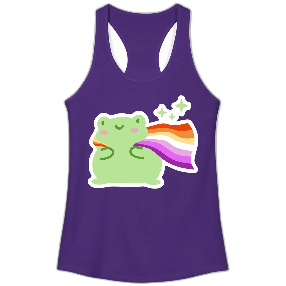 Cute green frog with pink cheeks wearing a rainbow pride cape, surrounded by sparkle stars in Solid Purple Rush