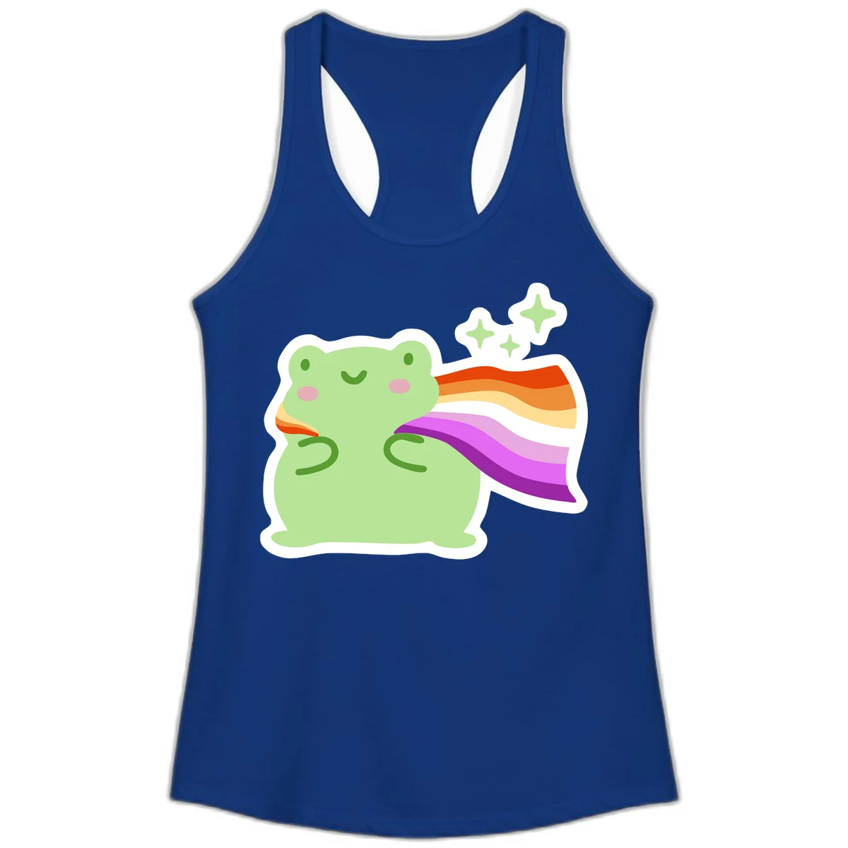 Cute green frog with pink cheeks wearing a rainbow pride cape, surrounded by sparkle stars in Solid Royal