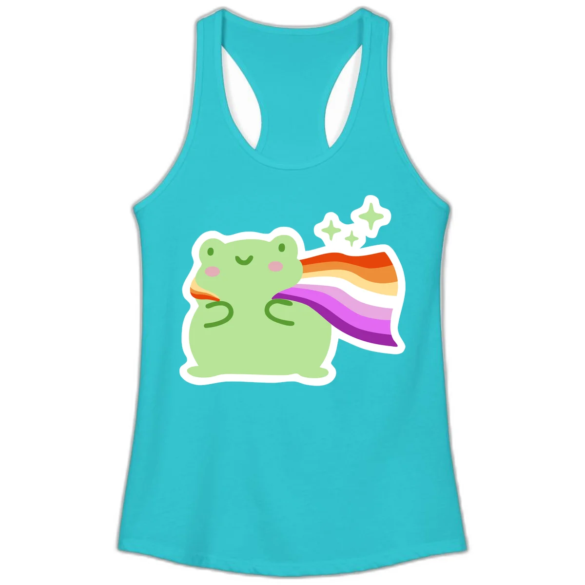 Cute green frog with pink cheeks wearing a rainbow pride cape, surrounded by sparkle stars in Solid Tahiti Blue