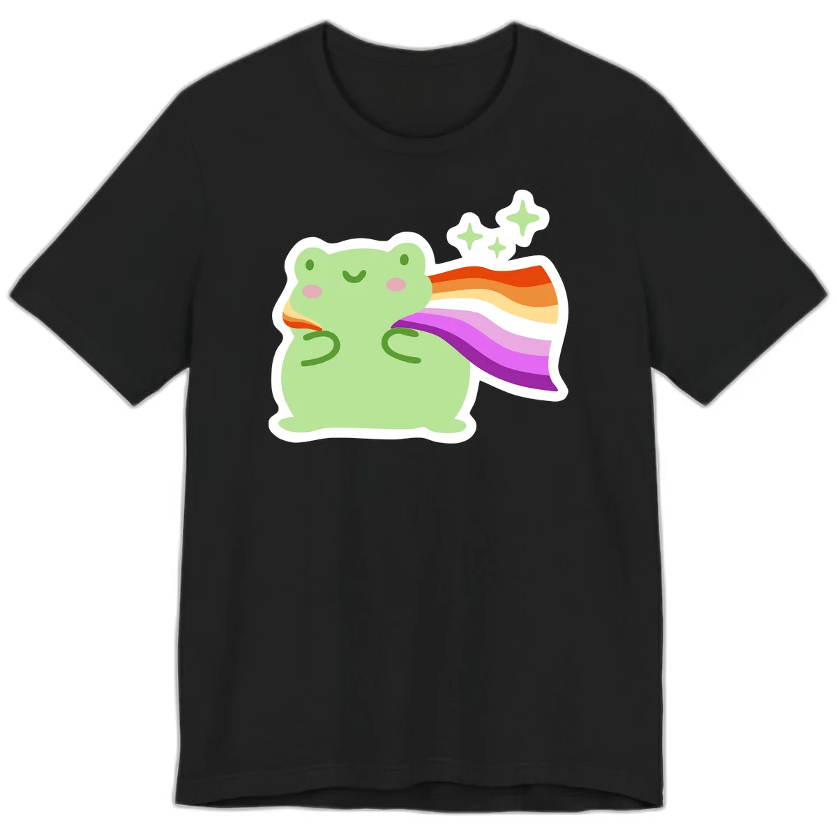 Cute green frog with pink cheeks wearing a rainbow pride cape, surrounded by sparkle stars in Black