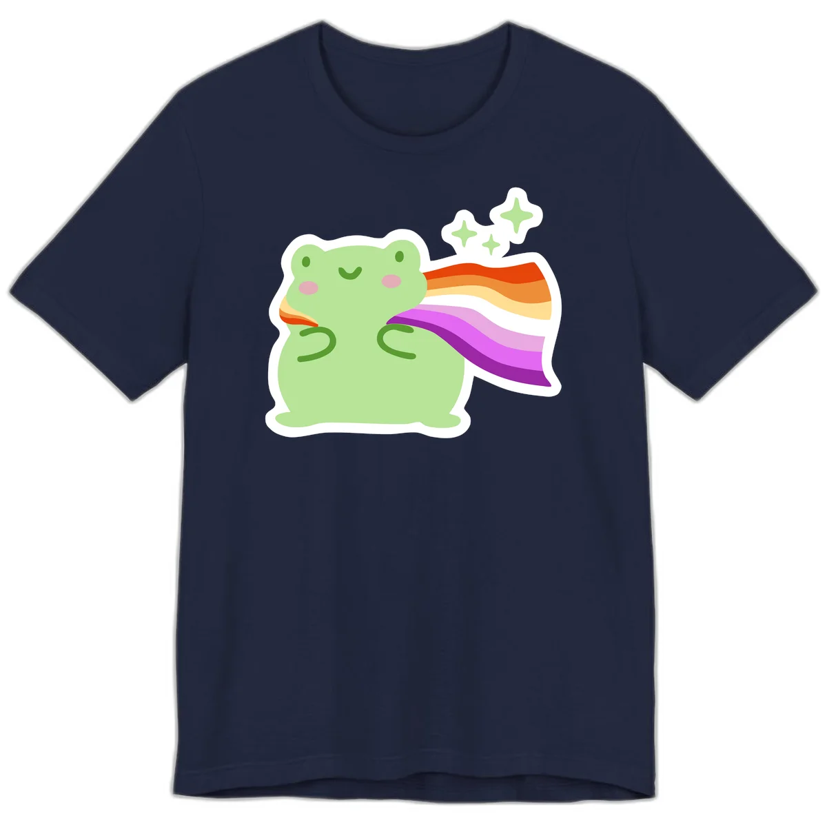 Cute green frog with pink cheeks wearing a rainbow pride cape, surrounded by sparkle stars in Navy
