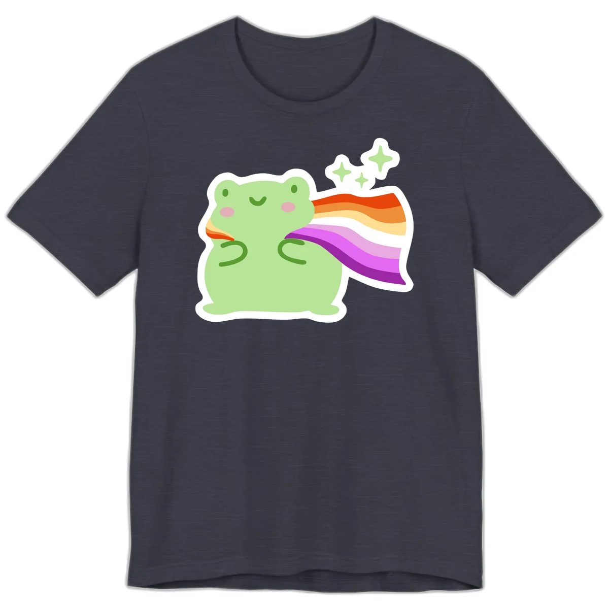 Cute green frog with pink cheeks wearing a rainbow pride cape, surrounded by sparkle stars in Heather Midnight Navy