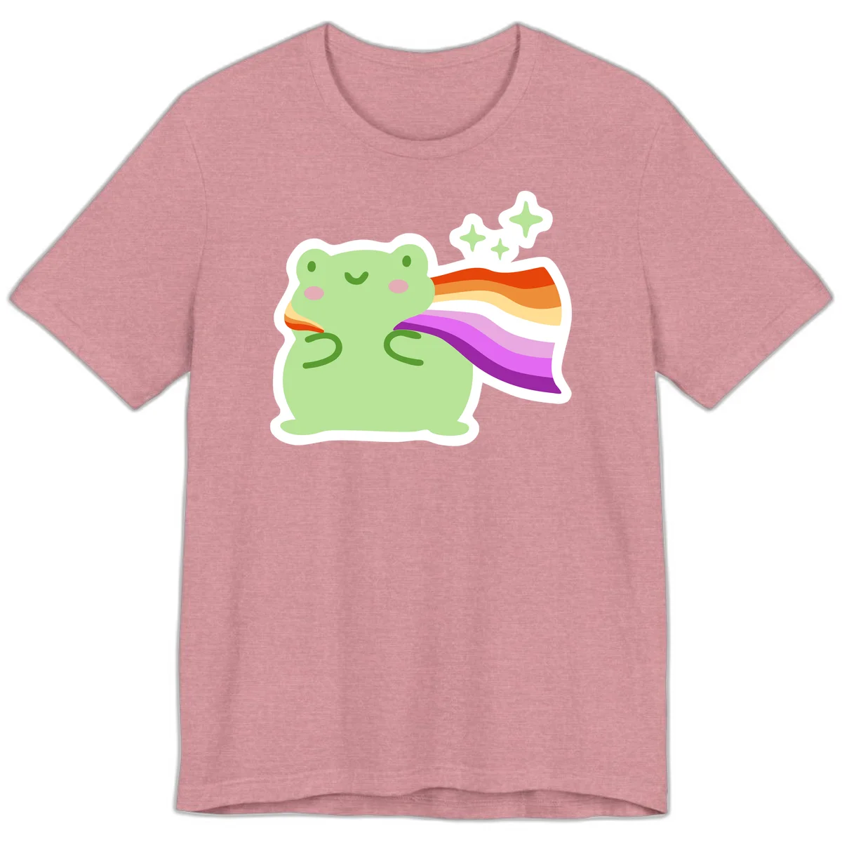 Cute green frog with pink cheeks wearing a rainbow pride cape, surrounded by sparkle stars in Heather Orchid