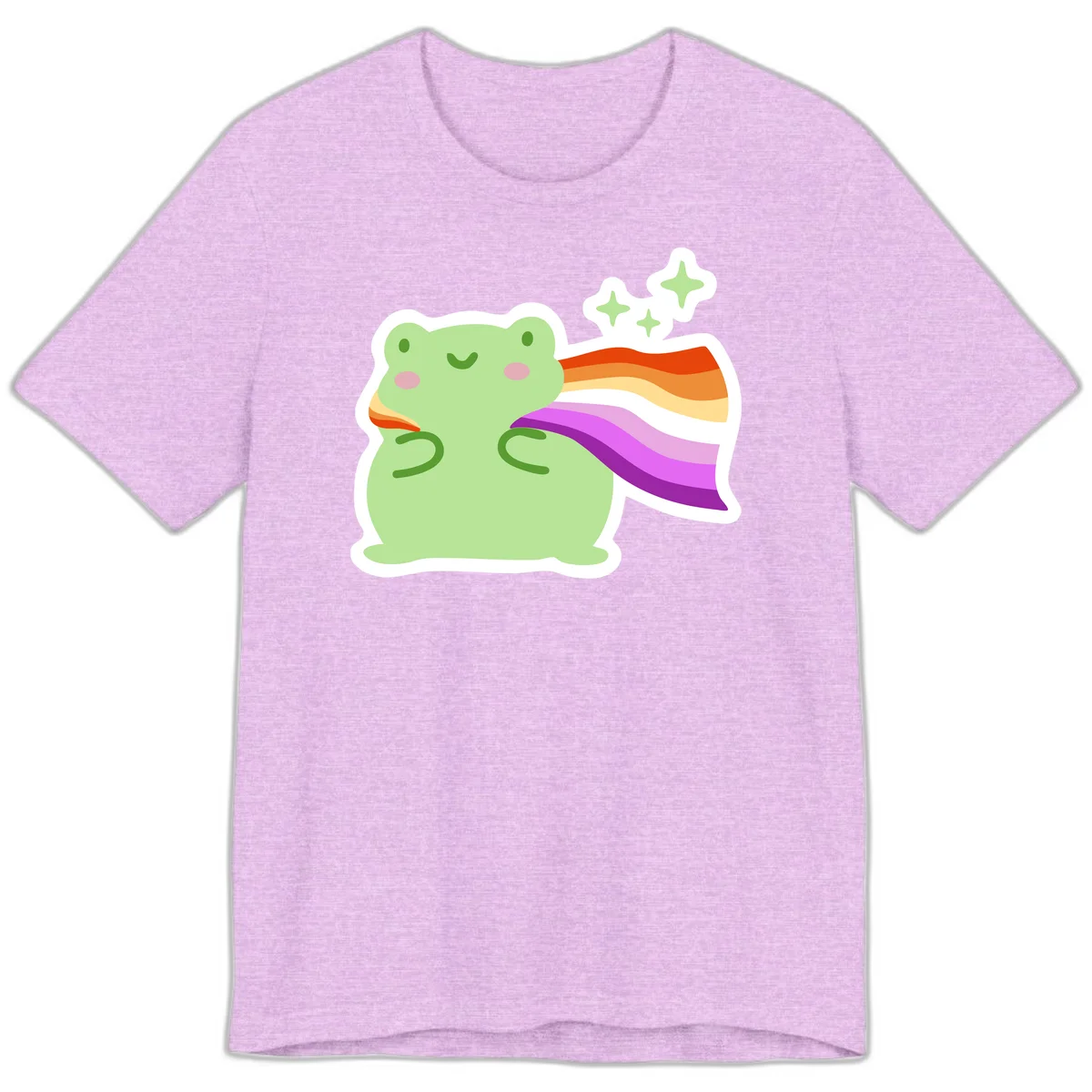 Cute green frog with pink cheeks wearing a rainbow pride cape, surrounded by sparkle stars in Heather Prism Lilac
