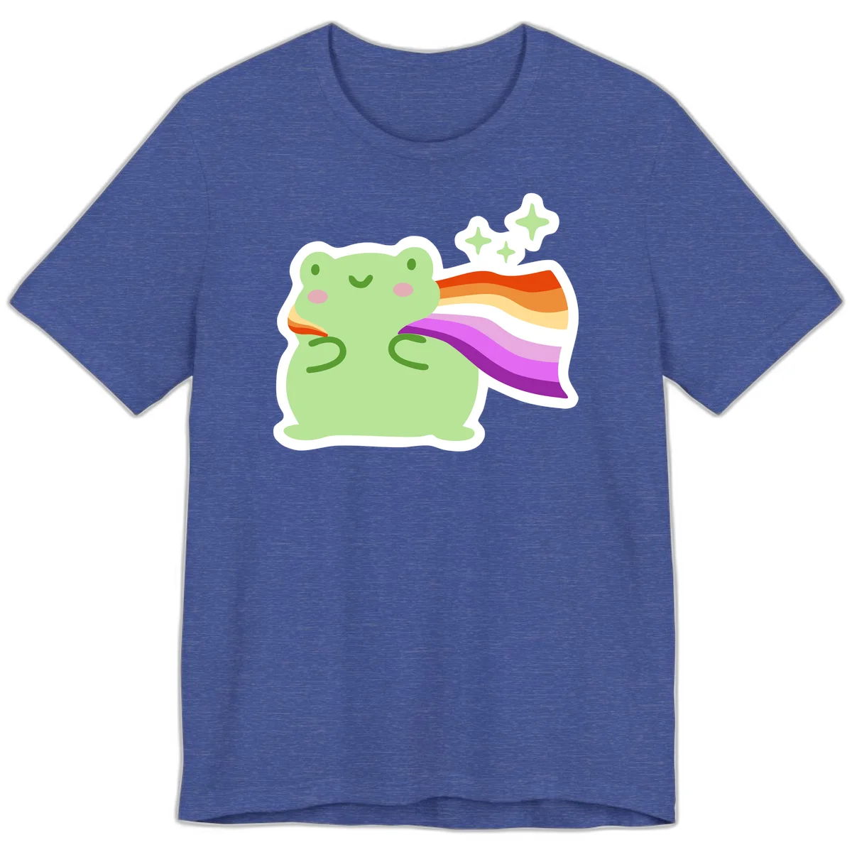 Cute green frog with pink cheeks wearing a rainbow pride cape, surrounded by sparkle stars in Heather True Royal