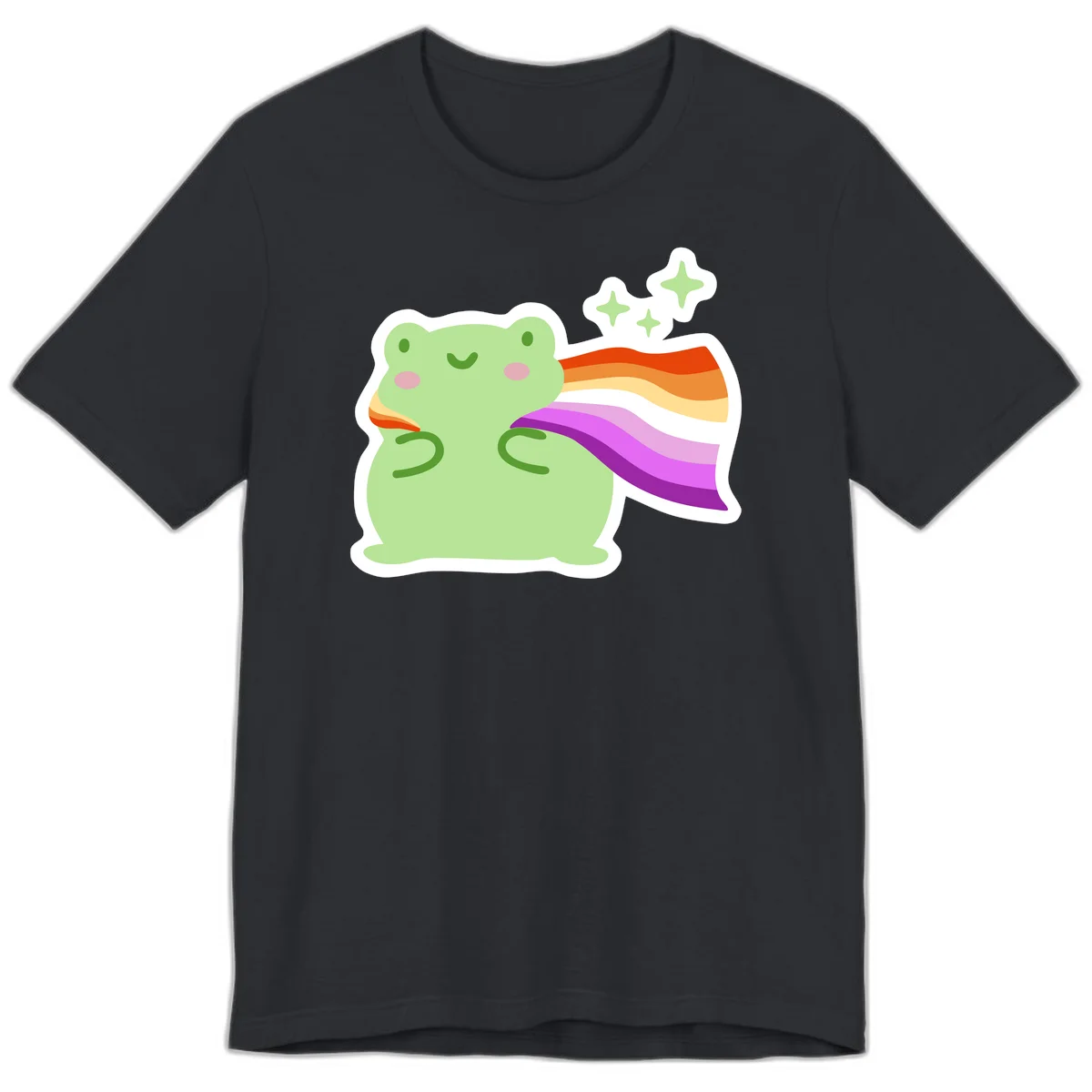 Cute green frog with pink cheeks wearing a rainbow pride cape, surrounded by sparkle stars in Vintage Black