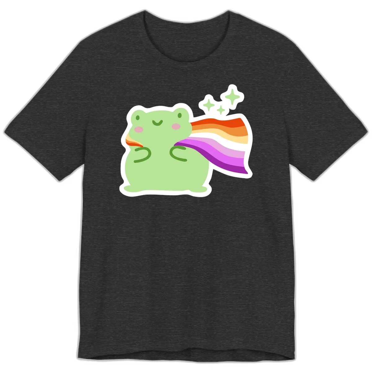 Cute green frog with pink cheeks wearing a rainbow pride cape, surrounded by sparkle stars in Dark Grey Heather