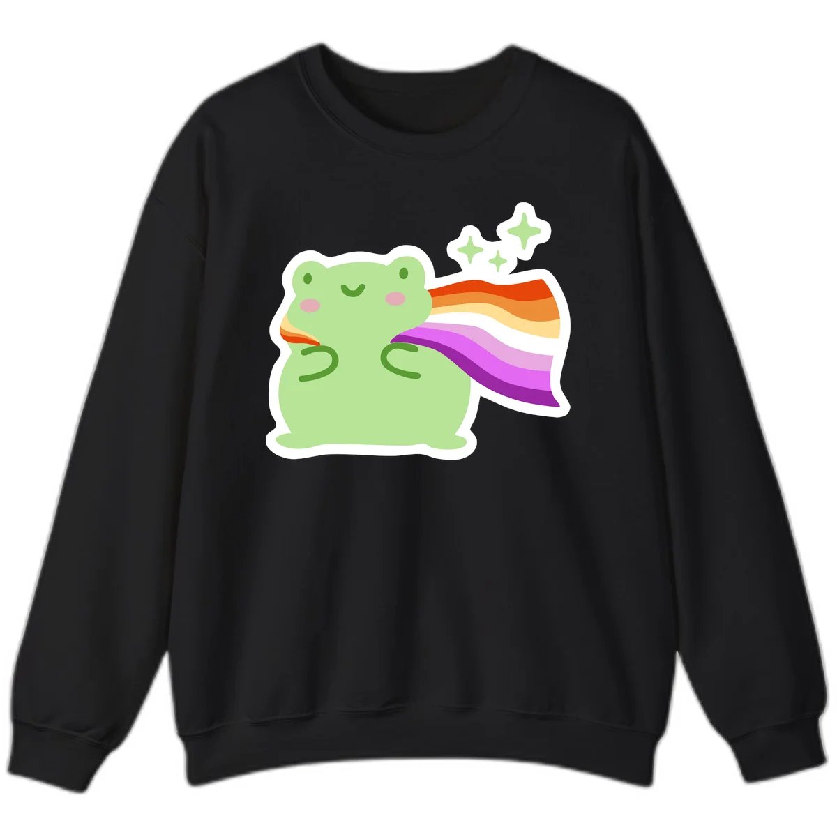 Cute green frog with pink cheeks wearing a rainbow pride cape, surrounded by sparkle stars in Black