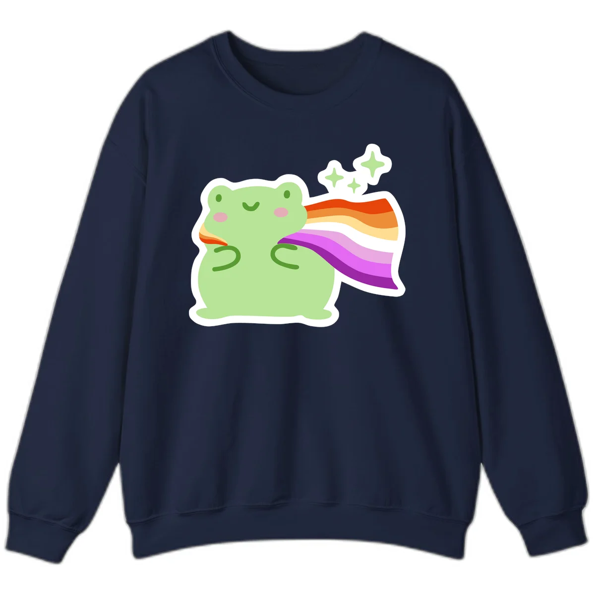 Cute green frog with pink cheeks wearing a rainbow pride cape, surrounded by sparkle stars in Navy