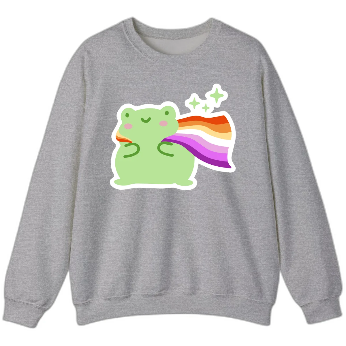 Cute green frog with pink cheeks wearing a rainbow pride cape, surrounded by sparkle stars in Sport Grey