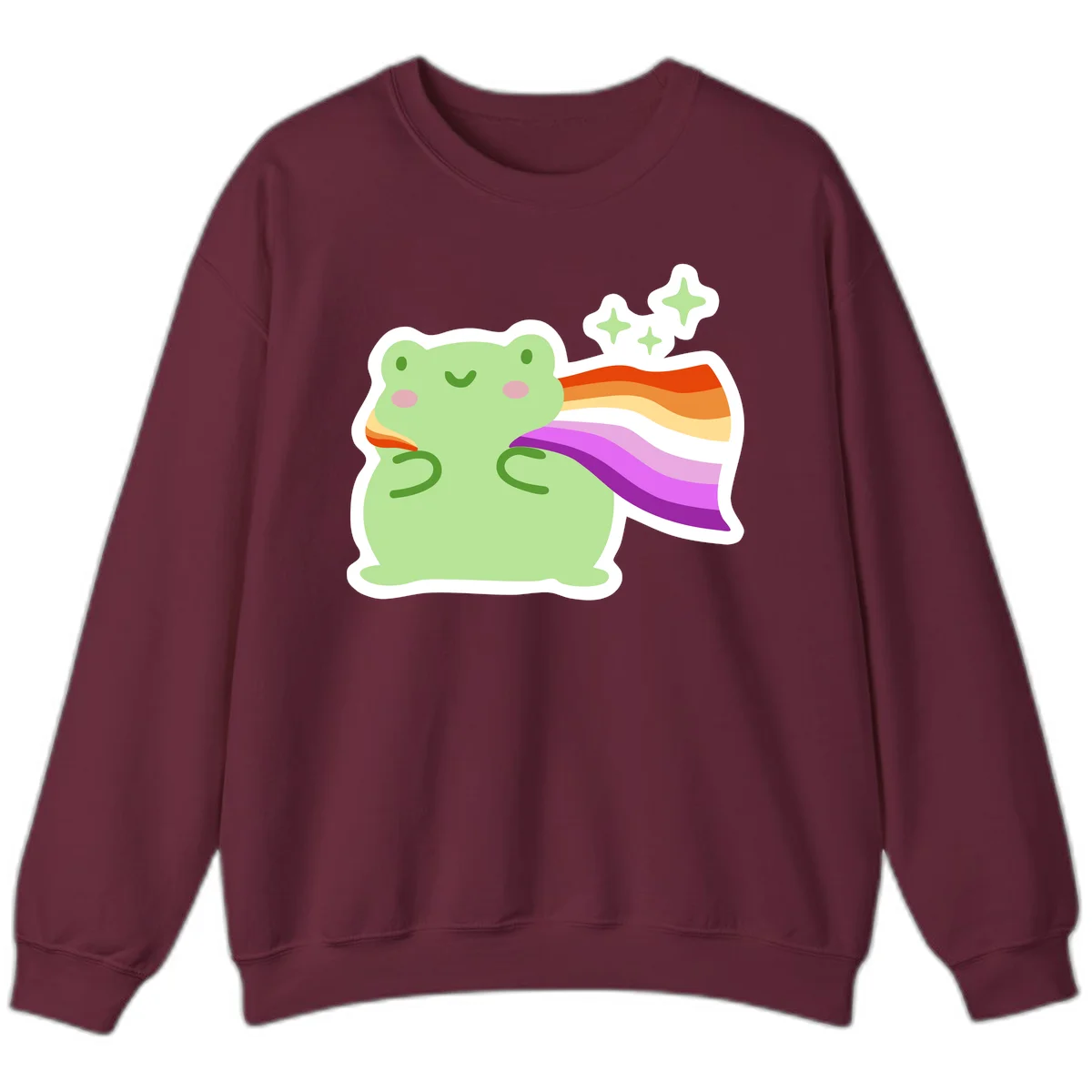 Cute green frog with pink cheeks wearing a rainbow pride cape, surrounded by sparkle stars in Maroon